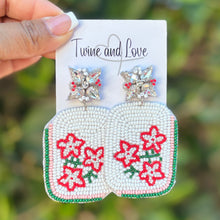 Load image into Gallery viewer, Hand beaded mahjong tile earrings with red flowers and white background design