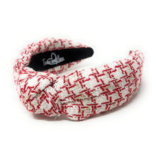 Load image into Gallery viewer, Red and ivory patterned headband with a black band on a white background
