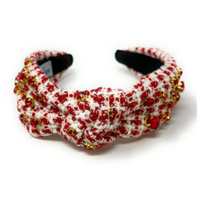 Load image into Gallery viewer, headbands for women, Wide headband, handmade headbands, red top knotted headband, knotted headband, red tweed jeweled headband, embellished headband, tweed headband, gemstone headband for women, luxury headband, tweed knot headband for women, knotted jeweled headband, bling headband, embellished knot headband, luxury knot headband, plaid tweed headband, tweed knotted headband, fall hair accessories, red tweed Christmas Headband, winter headbands, Green jeweled headband, tweed plaid headband, tweed accessory