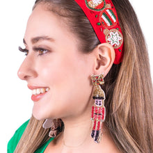 Load image into Gallery viewer,  Nutcracker Beaded Earrings, Christmas Earrings, Holiday Earrings, Christmas Beaded Earrings, Seed Bead, Merry Christmas, Nutcracker soldier earrings, red beaded earrings, Christmas beaded earrings, Red bead earrings, holiday earrings, red holiday earrings, Nutcracker earrings, Red earrings, holiday gifts, holiday accessories, holiday beaded accessories, Holiday red accessories, Holiday Christmas earrings, Christmas gifts, Best seller, best Selling items, Christmas earrings, Custom earrings