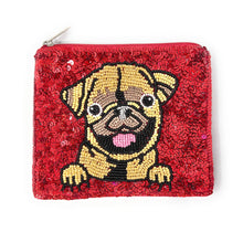 Load image into Gallery viewer, A red sequin pouch features a beaded design of a smiling pug. The dog has its tongue out and front paws visible, adding a playful, cheerful touch.