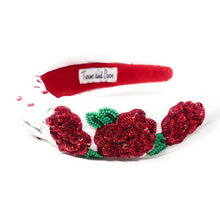 Load image into Gallery viewer, headband for women, red roses Knot headband, Kentucky Derby lover headband, Derby knotted headband, Kentucky Derby top knot headband, Garland of Roses top knotted headband, white knotted headband, Kentucky Derby hair band, beaded Roses knot headband, red Roses headband, statement headbands, top knotted headband, knotted headband, Kentucky lover gifts, Kentucky derby embellished headband, luxury headband, baseball fan gifts, jeweled knot headband, knot embellished headband
