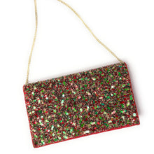 Load image into Gallery viewer, Beaded clutch bag with a gold chain strap on a white background