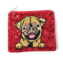 Load image into Gallery viewer, A red sequin pouch features a beaded design of a smiling pug. The dog has its tongue out and front paws visible, adding a playful, cheerful touch.