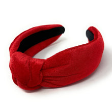 Load image into Gallery viewer, Valentines day Headband, red velvet Headband, red Knot Headband, Valentines day Hair Accessories, red velour Headband, Best Seller, headbands for women, best selling items, knotted headband, hairbands for women, Fall Winter gifts, Solid color knot Headband, Solid color hair accessories, red headband, Velour knotted headband, Statement headband, Birthday gifts, embellished knot headband, Fall Autumn  accessories, Christmas headband, Christmas velour headband, Velvet knot headband, velvet knotted headband
