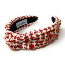 Load image into Gallery viewer, headbands for women, Wide headband, handmade headbands, red top knotted headband, knotted headband, red tweed jeweled headband, embellished headband, tweed headband, gemstone headband for women, luxury headband, tweed knot headband for women, knotted jeweled headband, bling headband, embellished knot headband, luxury knot headband, plaid tweed headband, tweed knotted headband, fall hair accessories, red tweed Christmas Headband, winter headbands, Green jeweled headband, tweed plaid headband, tweed accessori