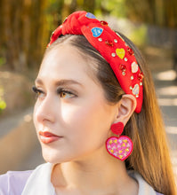 Load image into Gallery viewer, VALENTINES Jeweled Headband, Heart Headbands for Women, Candy Hearts Jeweled Knot Headband, Jeweled Knot Headbands, Valentines Day Knotted Headband, knotted headband, birthday gift for her, headbands for women, best selling items, knotted headbands, hair accessories, pink knot headband, valentine headband, valentines headband, valentines day gifts, embellished headband, candy hearts headband, red headband, red hearts headband, heart headband for women, bling headband, hearts knot headband