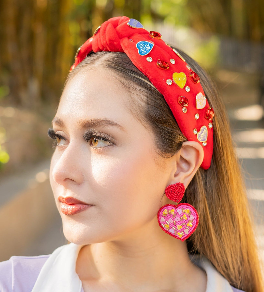 VALENTINES Jeweled Headband, Heart Headbands for Women, Candy Hearts Jeweled Knot Headband, Jeweled Knot Headbands, Valentines Day Knotted Headband, knotted headband, birthday gift for her, headbands for women, best selling items, knotted headbands, hair accessories, pink knot headband, valentine headband, valentines headband, valentines day gifts, embellished headband, candy hearts headband, red headband, red hearts headband, heart headband for women, bling headband, hearts knot headband