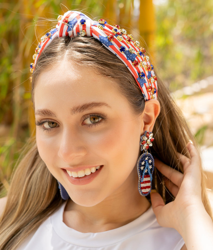 Americana Jeweled Headband, Patriotic Knotted Headband, Star Knotted Headband, Americana Hair Accessories, Red White Headband, Best Seller, headbands for women, best selling items, knotted headband, hairbands for women, hair accessories, Independence day gifts, Independence day Headband, Memorial day hair accessories, American headband, USA flag headband, Fourth of July headband, Fourth of July gifts, red white headband, star knot headband, Jeweled headband, USA Jeweled headband, USA Headband