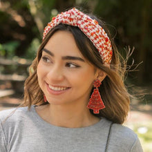 Load image into Gallery viewer, headbands for women, Wide headband, handmade headbands, red top knotted headband, knotted headband, red tweed jeweled headband, embellished headband, tweed headband, gemstone headband for women, luxury headband, tweed knot headband for women, knotted jeweled headband, bling headband, embellished knot headband, luxury knot headband, plaid tweed headband, tweed knotted headband, fall hair accessories, red tweed Christmas Headband, winter headbands, Green jeweled headband, tweed plaid headband, tweed accessori