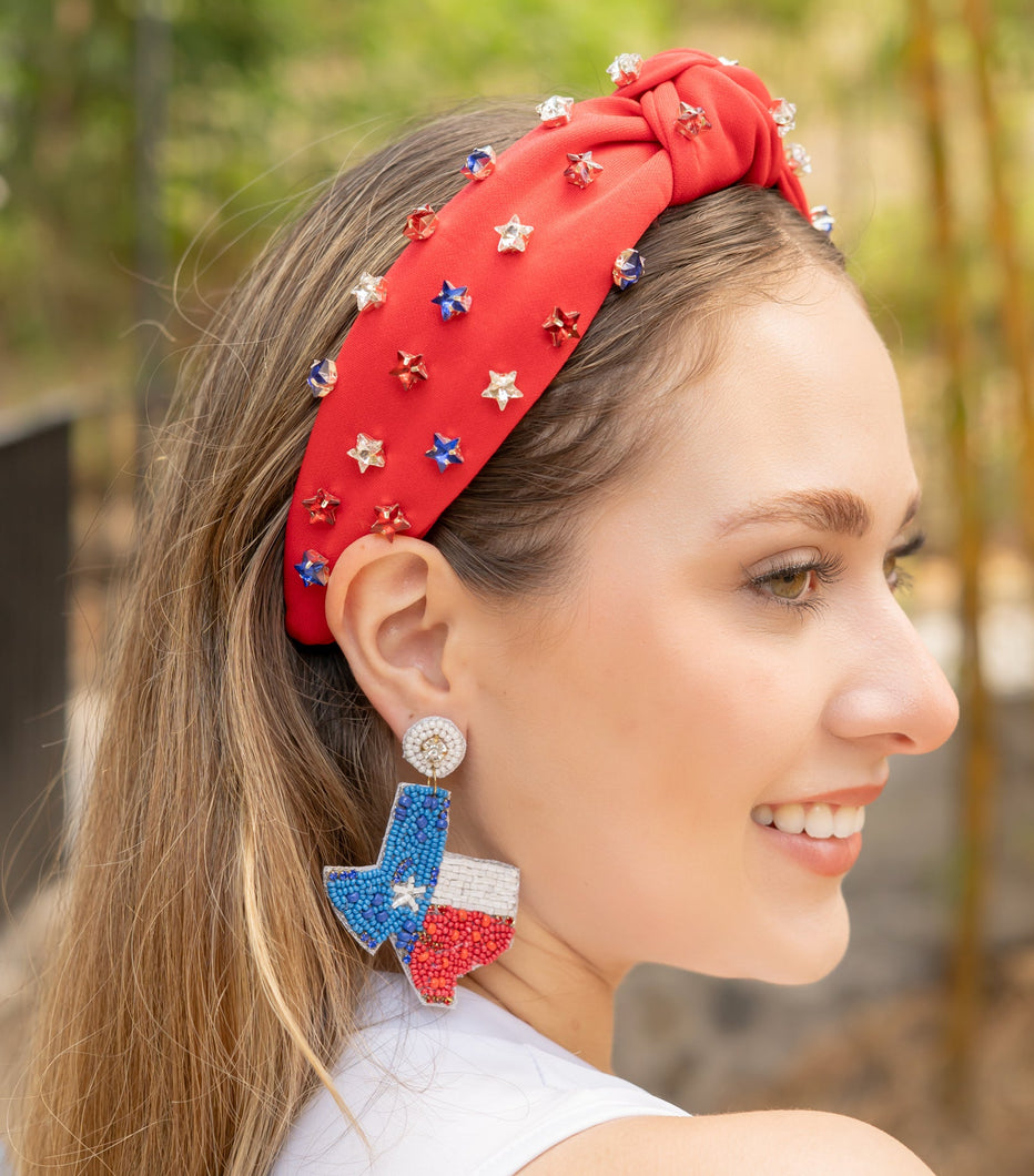 Americana Jeweled Headband, Patriotic Knotted Headband, Star Knotted Headband, Americana Hair Accessories, Red White Headband, Best Seller, headbands for women, best selling items, knotted headband, hairbands for women, hair accessories, Independence day gifts, Independence day Headband, Memorial day hair accessories, American headband, USA flag headband, Fourth of July headband, Fourth of July gifts, red white headband, star knot headband, Jeweled headband, USA Jeweled headband, USA Headband