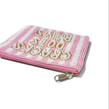 Load image into Gallery viewer, Fun and colorful beaded clutch pouch featuring whimsical graphic text and intricate handcrafted bead embroidery.