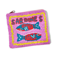 Load image into Gallery viewer, Fun coastal-inspired beaded pouch with playful sardines artwork and yellow trim