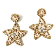 Load image into Gallery viewer, Elegant starfish statement earrings featuring pearl embellishments, gold beadwork, and sparkling crystal centers.