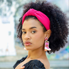 Load image into Gallery viewer, Bold cowgirl boot earrings featuring pink beadwork, embroidered “Yee Haw” text, and sparkling floral crystal accents.