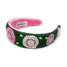 Load image into Gallery viewer, Artisan embellished headband adorned with blush pink flowers, shimmering rhinestones, and intricate hand-sewn bead embroidery.