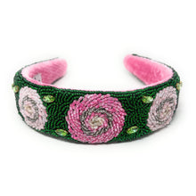 Load image into Gallery viewer, Artisan embellished headband adorned with blush pink flowers, shimmering rhinestones, and intricate hand-sewn bead embroidery.