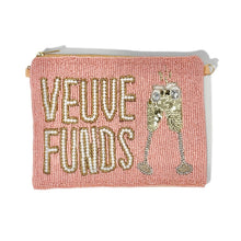 Load image into Gallery viewer, Luxury-inspired beaded clutch pouch in blush pink with sparkling champagne glass motif and statement text design.