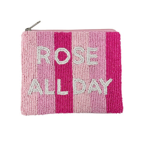 Striped pouch with 'Rose All Day' text on a white background