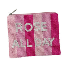 Load image into Gallery viewer, Pink and white striped pouch with &#39;Rose All Day&#39; text on a white background