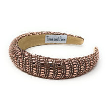 Load image into Gallery viewer, Elegant rose-gold headband adorned with intricate geometric beadwork on a neutral background. The label reads &quot;Time and Love,&quot; conveying sophistication.