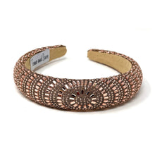 Load image into Gallery viewer, Elegant rose-gold headband adorned with intricate geometric beadwork on a neutral background. The label reads &quot;Time and Love,&quot; conveying sophistication.