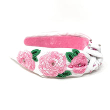 Load image into Gallery viewer, headband for women, Pink roses Knot headband, Kentucky Derby lover headband, Derby knotted headband, Kentucky Derby top knot headband, Garland of Roses top knotted headband, white knotted headband, Kentucky Derby hair band, beaded Roses knot headband, Pink Roses headband, statement headbands, top knotted headband, knotted headband, Kentucky lover gifts, Kentucky derby embellished headband, luxury headband, baseball fan gifts, jeweled knot headband, knot embellished headband
