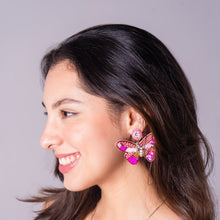 Load image into Gallery viewer, Whimsical pink butterfly statement earrings adorned with beads, sequins, and sparkling gemstone details.