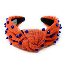 Load image into Gallery viewer, headbands for women, blue orange headband, handmade headbands,  orange blue top knotted headband, Go Gators Florida knotted headband, Florida university Headband, Go Gators headband, blue pearl headband, blue orange game day headband, football headband, jeweled headband, knotted jeweled headband, Florida football headband, Florida Gators knot headband, Gators Florida knot headband, pearly headbands, Orange headband, game day hair accessories, game day headband, football headbands, best selling items