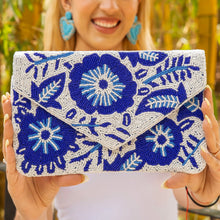 Load image into Gallery viewer, Floral beaded clutch purse, blue white bead purse, beaded bag, tropical handbag, beaded bag, floral seed bead clutch, birthday gift for her, clutch bag, seed bead purse, engagement gift, party clutches, floral purse, gifts to bride, wedding gift, evening bags, Summer beaded clutch purse, birthday gift for her, summer clutch, blue white clutch purse, beaded bag, summer bag, boho purse, blue beaded clutch purse, unique bags, best selling items, handmade gifts, handmade bag purse, white blue clutch purse