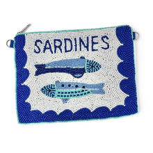 Load image into Gallery viewer, Handmade nautical zipper pouch showcasing playful fish designs, artisan craftsmanship, and a fresh Mediterranean market aesthetic.