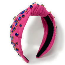 Load image into Gallery viewer, Glamorous fashion portrait featuring a pink embellished headband and sparkling blue rhinestone drop earrings.