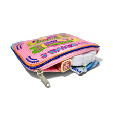 Load image into Gallery viewer, Coastal-inspired beaded zip pouch with quirky sardines artwork