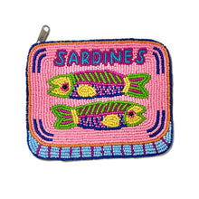 Load image into Gallery viewer, Pink sardine beaded pouch with colorful fish embroidery and zipper closure