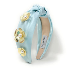 Load image into Gallery viewer, Close-up of a satin headband featuring decorative flowers and pearls.