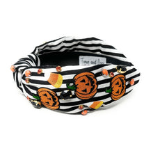 Load image into Gallery viewer, Halloween Jeweled Headband, Halloween Knotted Headband, black white Knotted Headband, Halloween Hair Accessories, striped black white Headband, Best Seller, headbands for women, best selling items, knotted headband, hairbands for women, Halloween gifts, halloween knot Headband, Halloween accessories, custom headband, Halloween headband, Statement headband, Halloween gifts, jeweled knot headband, Pumpkins headband, halloween Embellished headband, candy corn headband