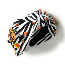 Load image into Gallery viewer, Halloween Jeweled Headband, Halloween Knotted Headband, black white Knotted Headband, Halloween Hair Accessories, striped black white Headband, Best Seller, headbands for women, best selling items, knotted headband, hairbands for women, Halloween gifts, halloween knot Headband, Halloween accessories, custom headband, Halloween headband, Statement headband, Halloween gifts, jeweled knot headband, Pumpkins headband, halloween Embellished headband, candy corn headband