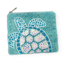 Load image into Gallery viewer, Coastal-themed beaded zip pouch with turtle design on a light blue beaded background.