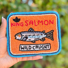 Load image into Gallery viewer, Handmade salmon-inspired beaded wallet featuring playful seafood artwork