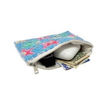 Load image into Gallery viewer, Beaded pouch with a beach theme, featuring colorful starfish and seashell patterns against a blue background. The pouch has a zipper on top.