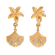 Load image into Gallery viewer, 18k Gold Plated earrings feature starfish studs with dangling shell charms adorned with rhinestones, conveying a seaside theme with elegance.