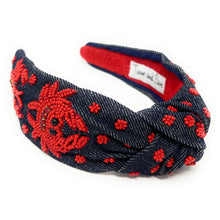 Load image into Gallery viewer, Dark denim knot headband embellished with bright red beaded crab embroidery and scattered floral bead accents.