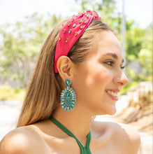 Load image into Gallery viewer, Bright pink embellished headband styled with turquoise beaded drop earrings for a colorful summer fashion look.