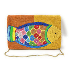 Load image into Gallery viewer, Whimsical fish-shaped beaded clutch with multicolor sequin scales and bold tropical-inspired detailing.