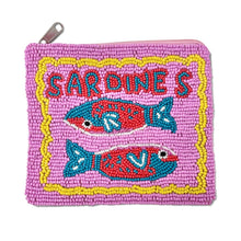 Load image into Gallery viewer, Pink sardines beaded coin pouch with colorful fish embroidery and zipper closure