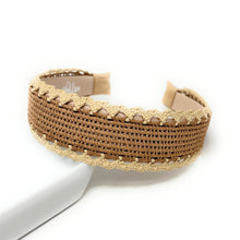 Load image into Gallery viewer, A wide brown woven headband with a beige lace trim, displayed on a white surface against a white background.