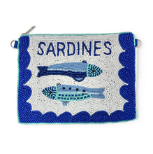 Load image into Gallery viewer, Coastal-inspired beaded clutch adorned with colorful sardine artwork, intricate seed bead embroidery, and vibrant ocean-blue accents.