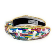 Load image into Gallery viewer, Gold padded headband adorned with colorful sequins, displaying a vibrant, playful design. 