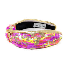Load image into Gallery viewer, orange, pink and yellow neon sequins headband with a knot design, adorned with multicolored sequins. The vibrant accessory has a playful and chic aesthetic.