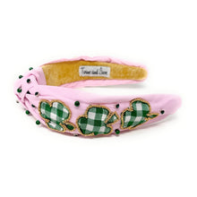 Load image into Gallery viewer, Pink headband with green checkered patterns and gold accents on a white background